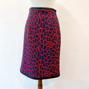 CHRISTOPHER KANE Blue, Red & Black Leather Trim Leopard Pencil Skirt Size 10